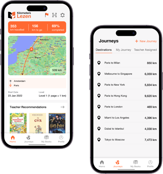 Kilometers Lezen App home interface van een leerling en Journeys interface.
