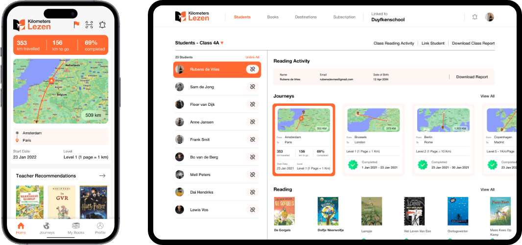 Kilometers Lezen App home interface van een leerling en leerkracht admin panel.
