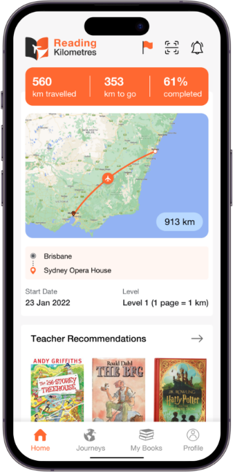 Student's Reading Kilometres App home showing reading journey progress and books recommended by teacher.