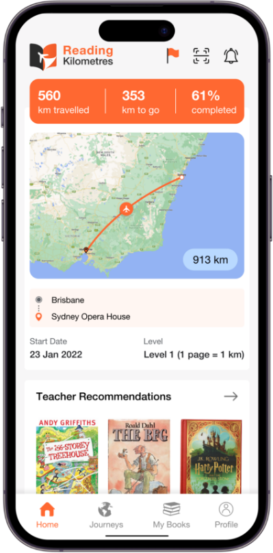 http://Student's%20Reading%20Kilometres%20App%20home%20showing%20reading%20journey%20progress%20and%20books%20recommended%20by%20teacher.