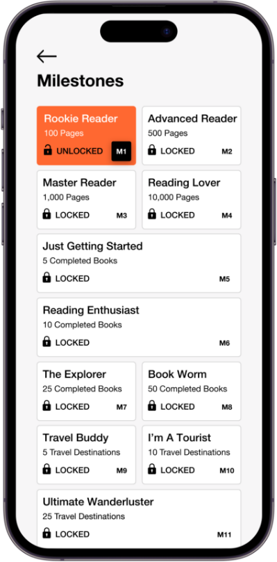 http://Reading%20Kilometres%20app%20showing%20milestones%20interface.